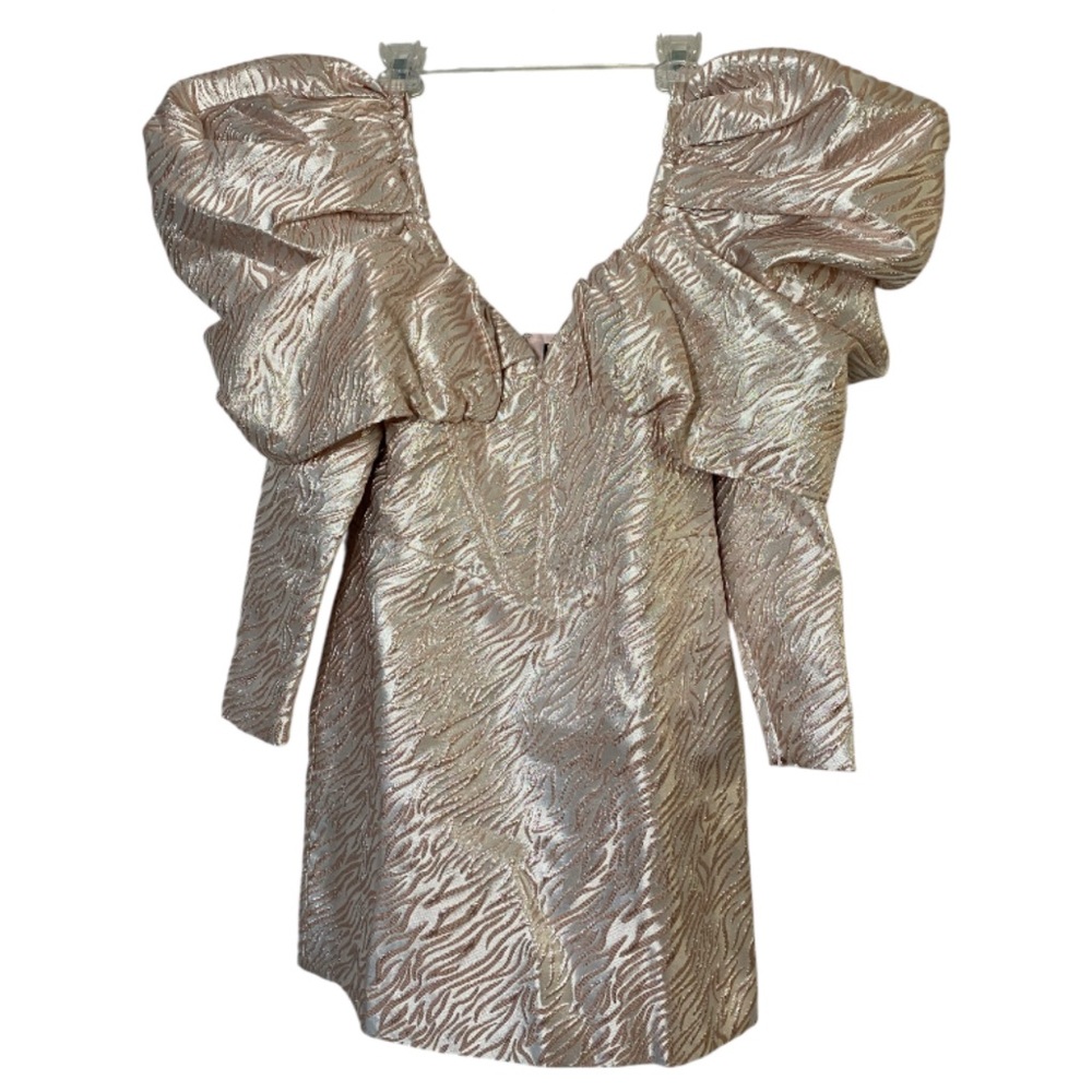 ASOS LUXE V Neck Puff Sleeve Corset Jacquard Dress Metallic Animal Print US8